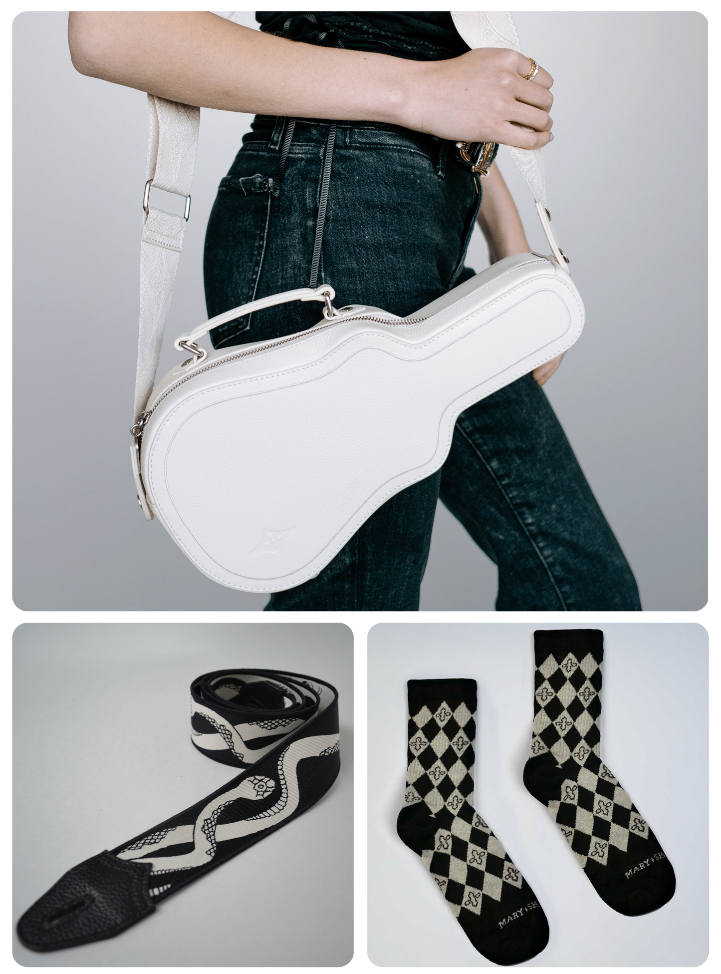 IVORY RITUAL TRIO: Crossbody Bag + Slither Eclipse Strap + Harlequin Diamond Socks